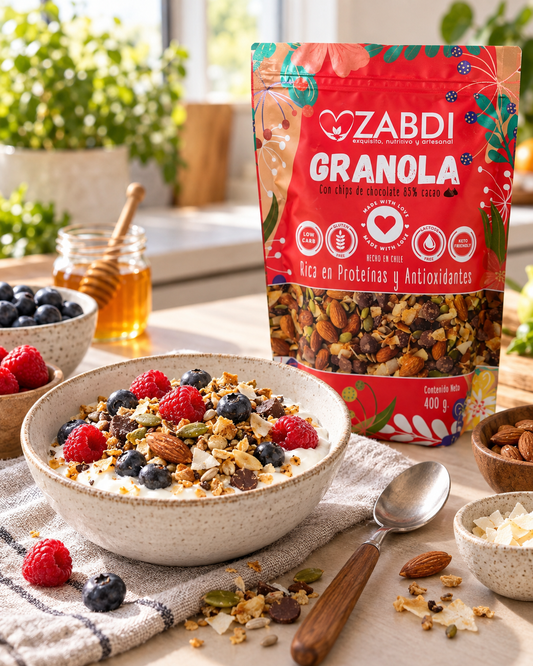 Granola Zabdi 400 g acompañada de yogur y frutos rojos en un desayuno