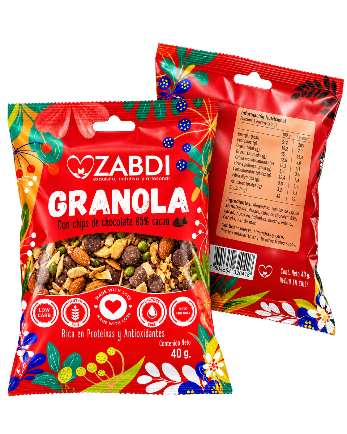 Granola Keto Friendly Zabdi de 40 g, frente y reverso del envase, fondo transparente