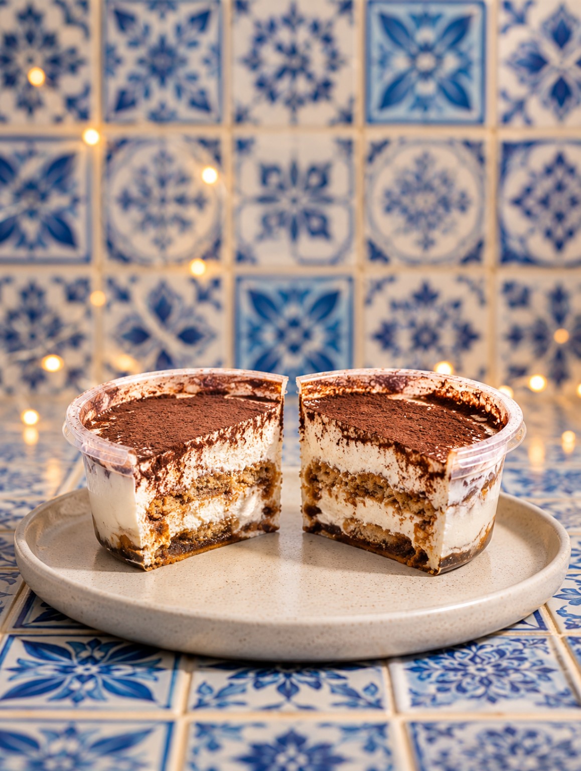 Tiramisú partido mostrando sus capas de bizcocho, crema y cacao