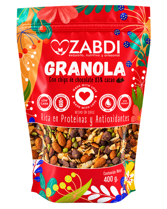 Bolsa Granola Keto Friendly Zabdi 400 g de frente, envase aprobado sobre fondo transparente
